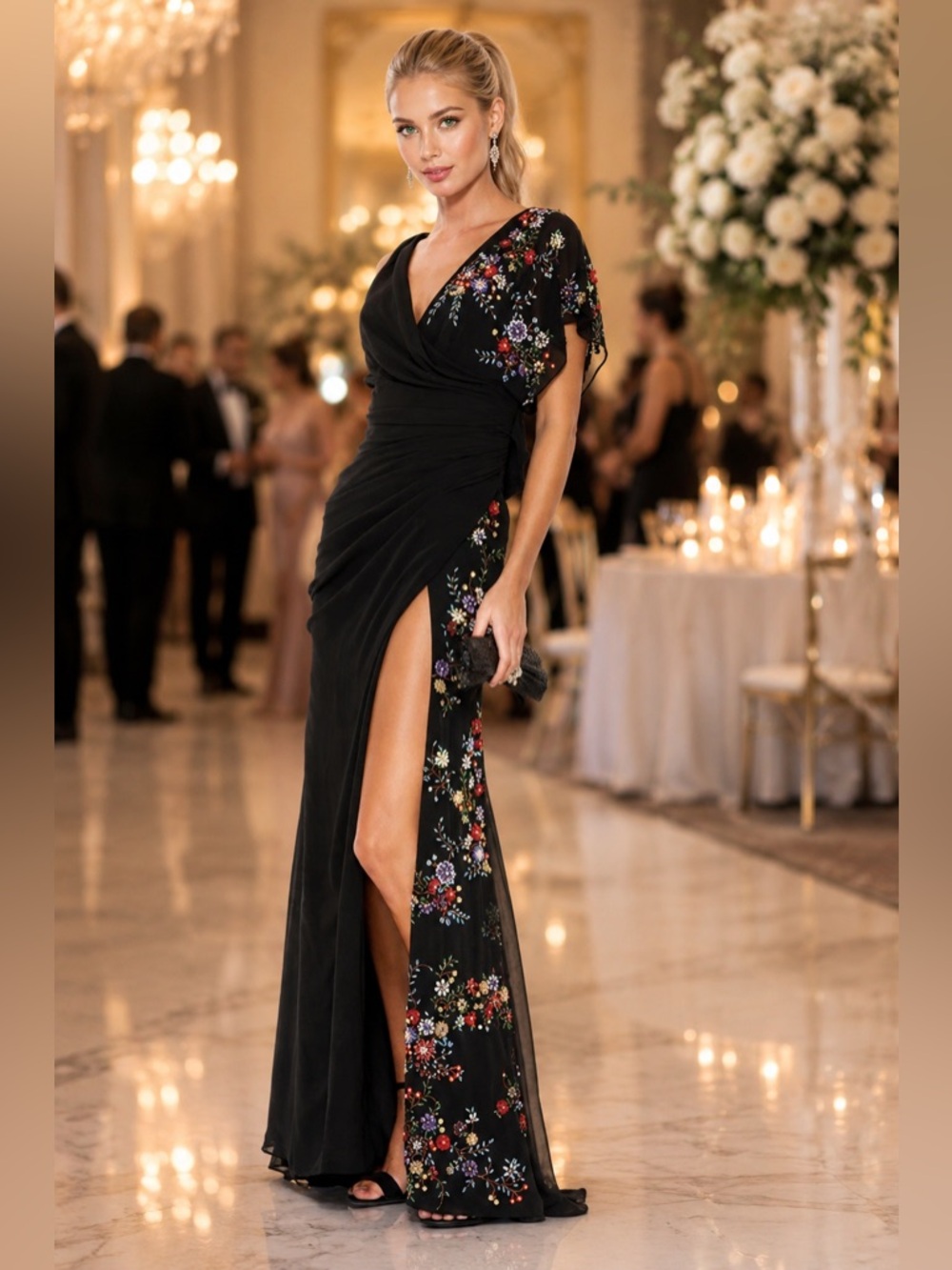 Ieena for Mac Duggal FAUX WRAP MULTI COLORED BEADED FLORAL GOWN NWT 26530